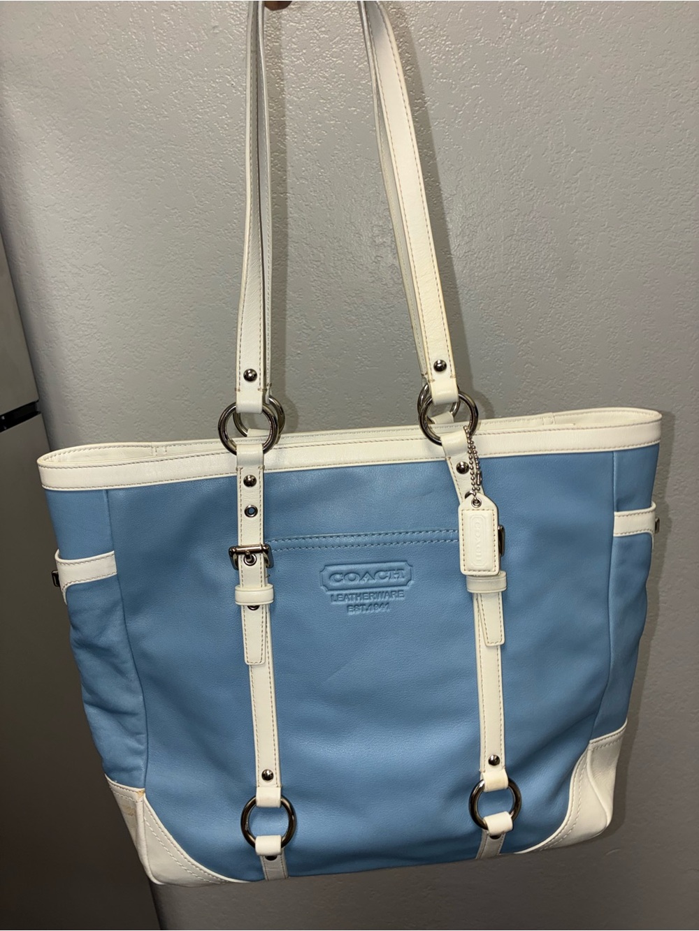 Vintage 2003 Coach Blue and White Leather Tote Bag